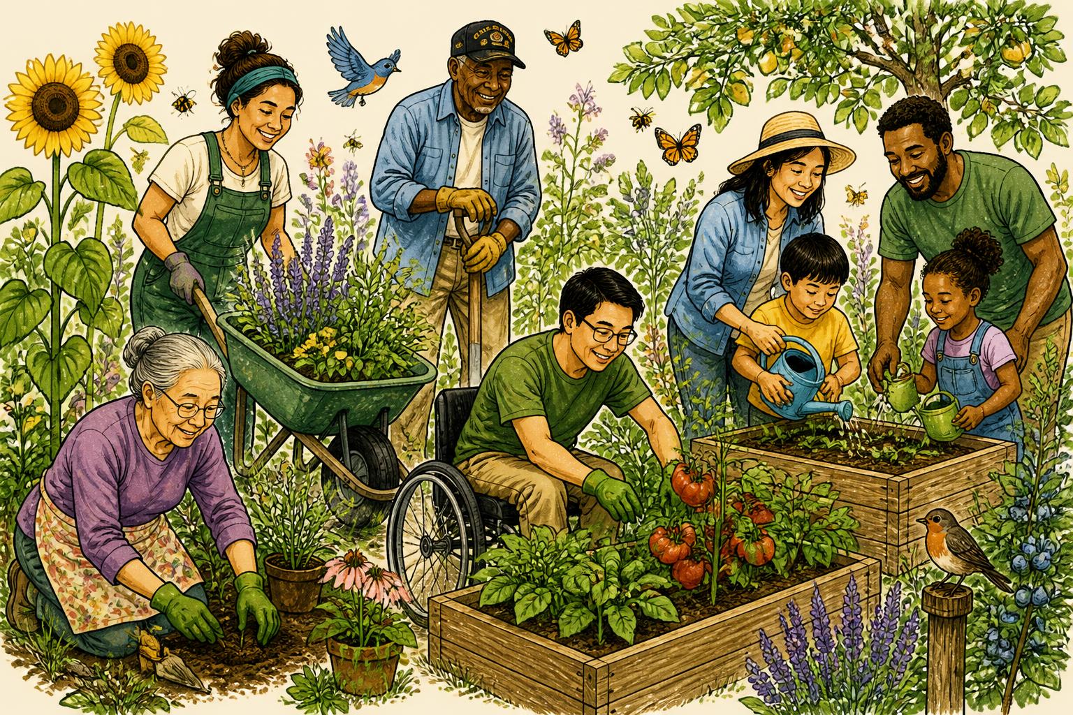 Illustration of neighbors of many ages, abilities, and backgrounds gardening together — an elder planting, a wheelchair user tending a raised bed, a veteran with a shovel, and children watering seedlings.